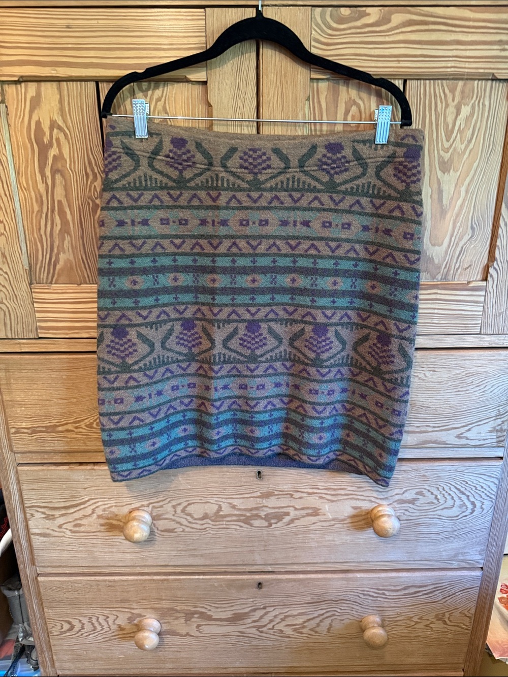 Merino Wool-Blend Patterned Skirt - Brown & Green nature inspired pattern Lg